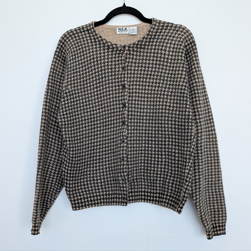 Vintage Wool Angora Blend Houndstooth Button-Up Cardigan Sweater Sz XL N.E.K.